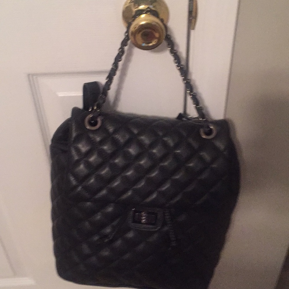 L.CREDI Black Quilted Leather Backpack.